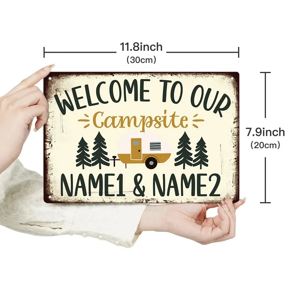 Personalized Campsite Welcome 2D Flat Metal Tin Sign, Custom Text & Date Available, Rustic Wall Decor Gift for Wedding, Annivers