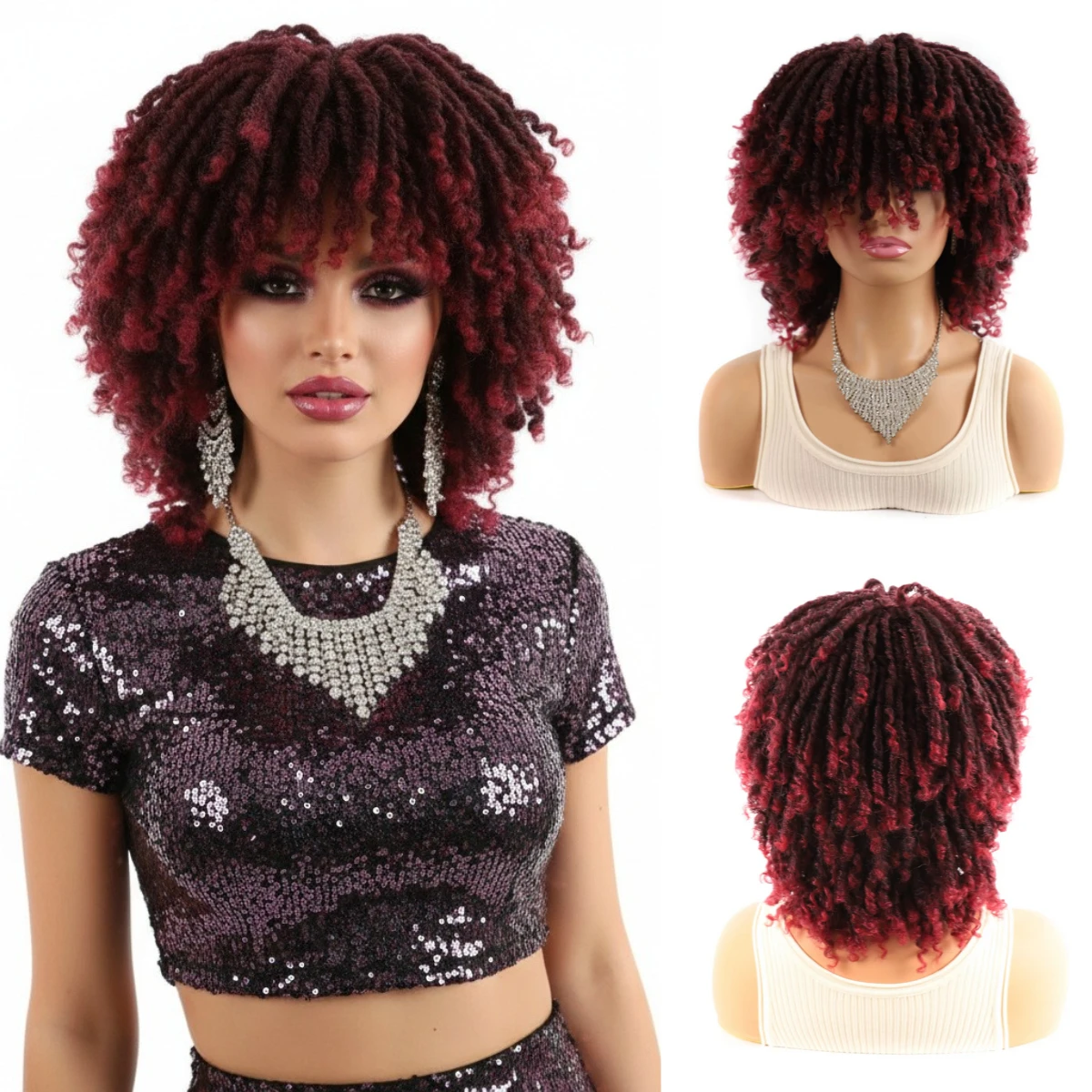 Multicolor African Tube Curl Hollow Curl Faux Locs Bug Wig Heat Resistant Synthetic Small Curly Full Wig