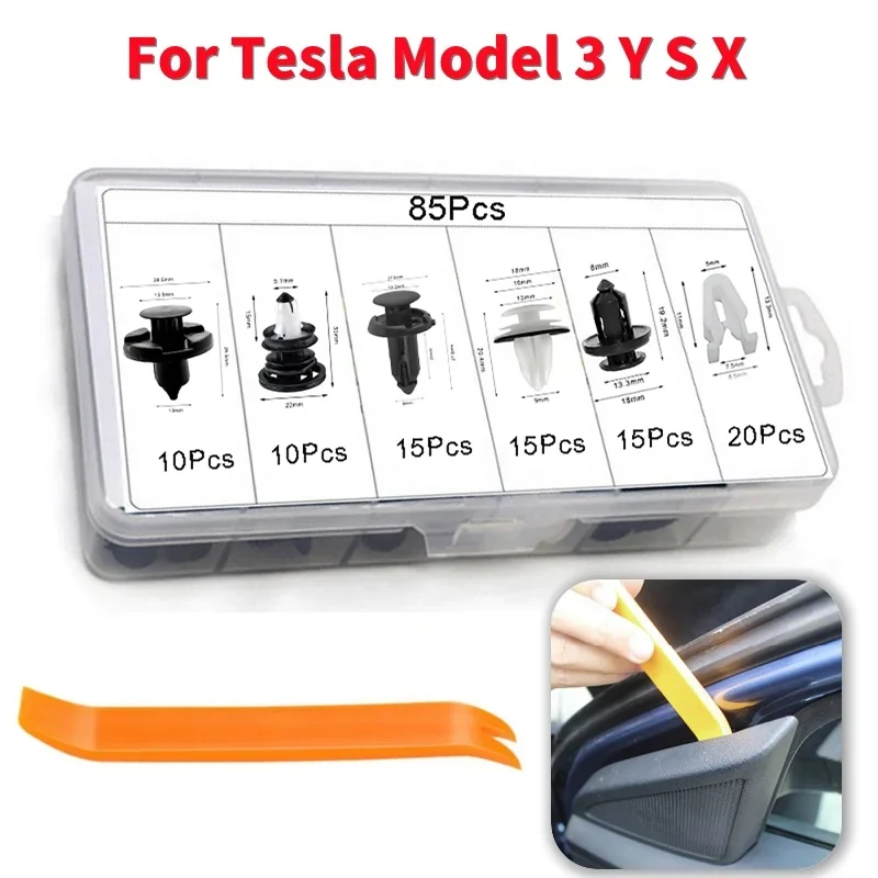 85Pcs/set Plastic Car Rivets Retainer Fasteners Door Panel Bumper Fender Clips with Fastener Removal For Tesla Model 3 Y S X