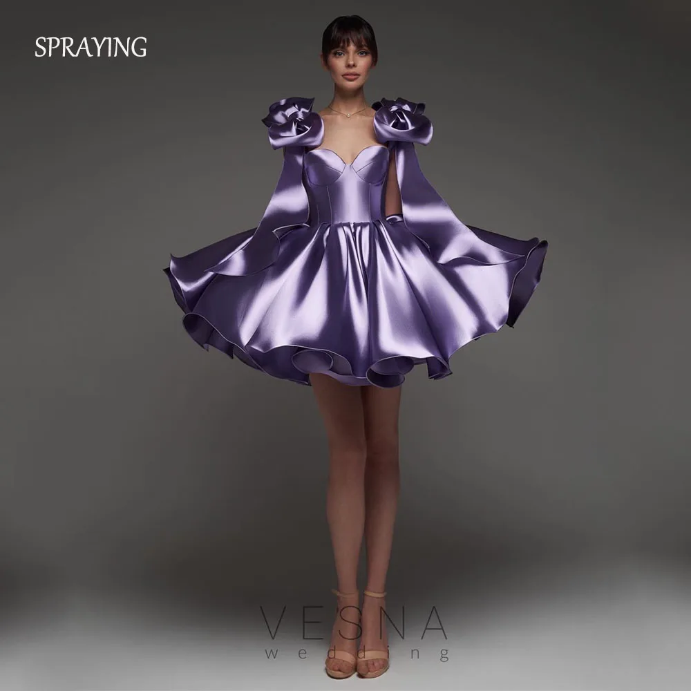 

SPRAYING Sexy Satin Prom Dresses Bow Straps Mini A Line Purple Cocktail Dress Charming Lace Up Back Vestidos De Festa Customized