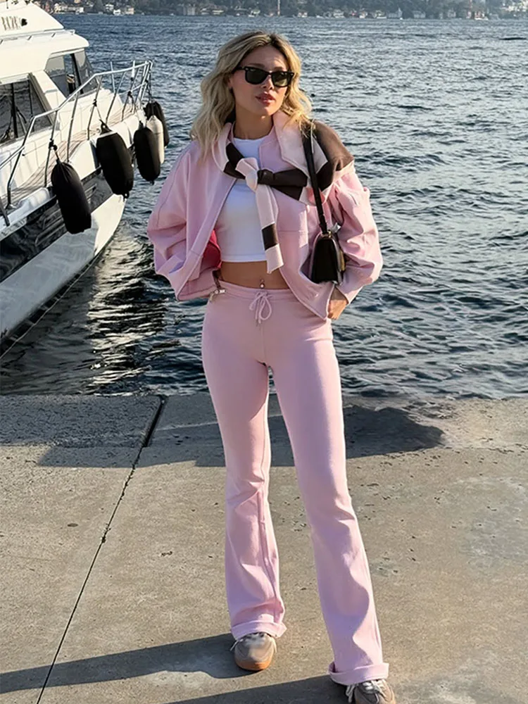 여성 가을 패션 세트 솔리드 긴 소매 지퍼 코트+하이웨이스트 레이스업 장식 긴 바지 여성 캐주얼 수트