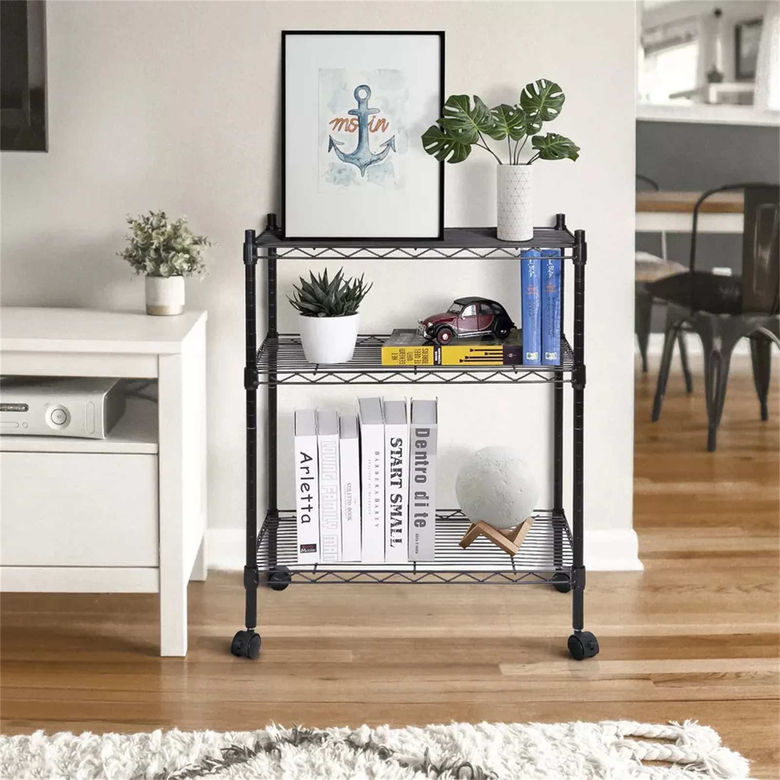 3 Tier Unit Shelving Metal Wire Rack Organizer Adjustable Shelve with 4 Wheels