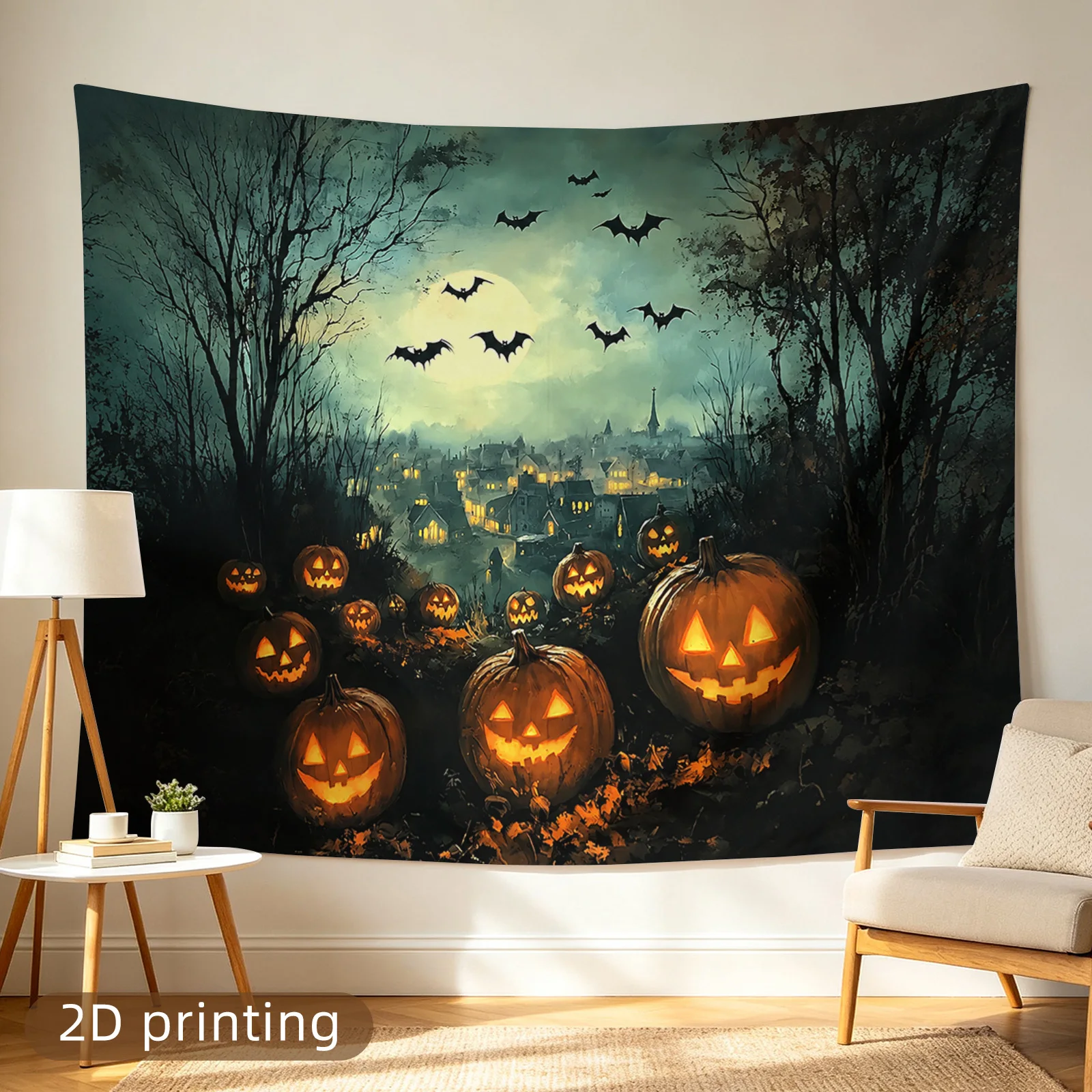 1pc Tapestry, 2D Flat Print Halloween Pumpkin Jack-o-lantern Moon Bats Spooky Town Tapestry, Decor for Bedroom Living Room