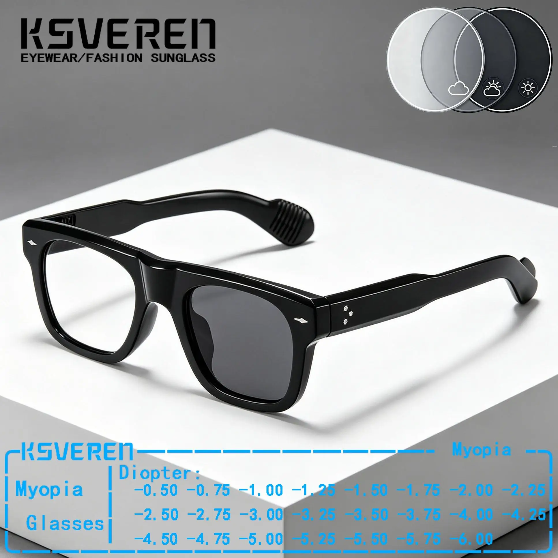 

Square Photochromic Myopia Glasses Men Women Negative Diopter Clear Prescription Eyewear Outdoor Discolour Optical Glasses