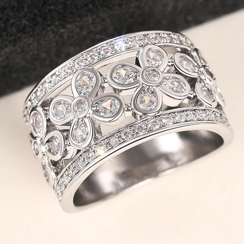 925 Sterling Silver Hollow Flower Design Wedding Band Women Rings Shiny Crystal Cubic Zirconia Aesthetic Female Jewelry