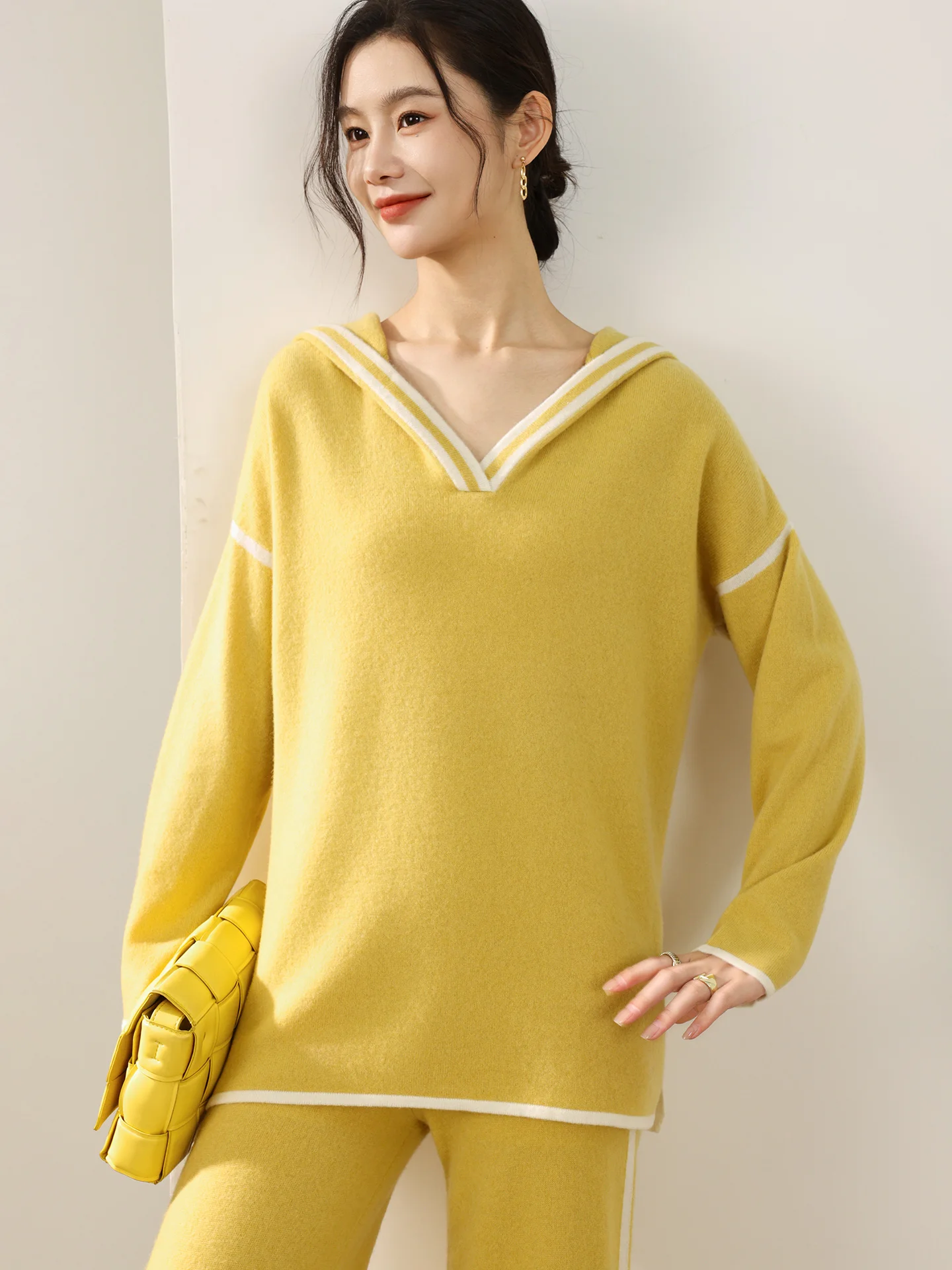 New Woman's 100% Merino Wool Pant Suits Loose Autumn Winter Tops Bottom Pullover Lady Hoodies Length Trouser Long Sleeve Clothes