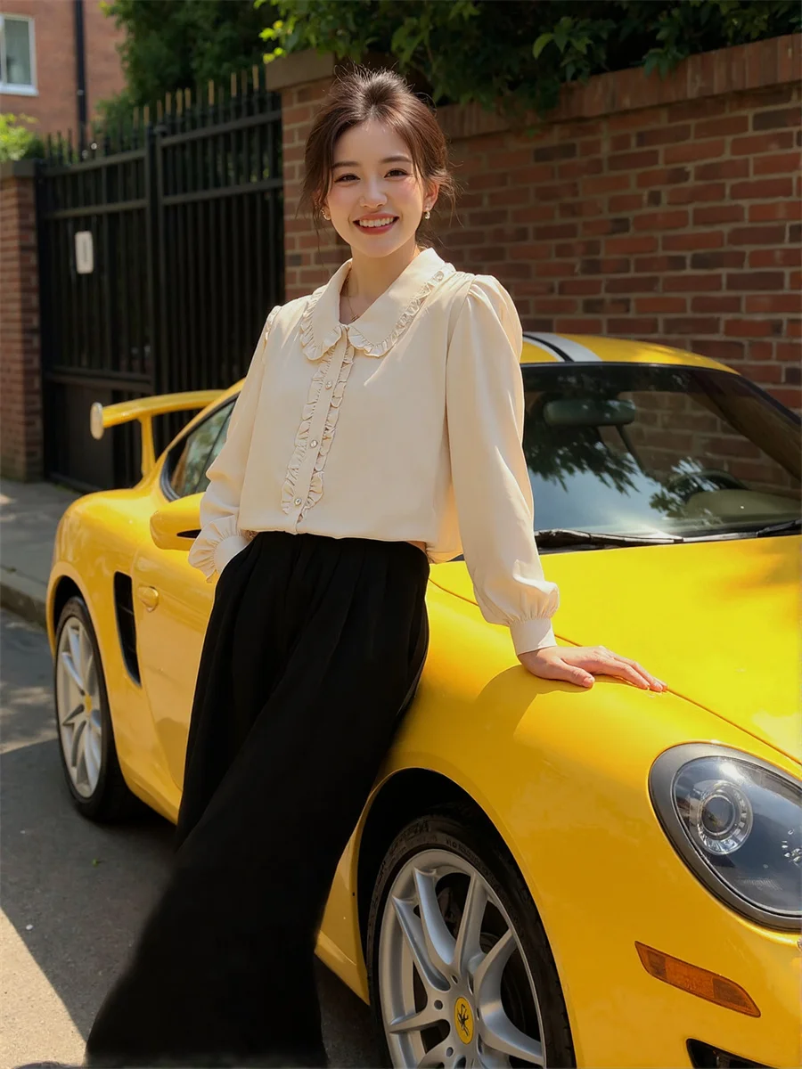 

Милые рубашки, женская летняя легкая блузка с короткими рукавами, рюшами на воротнике, кружевной отделкой и пышными рукавами для выглядывания Preppy Kawaii