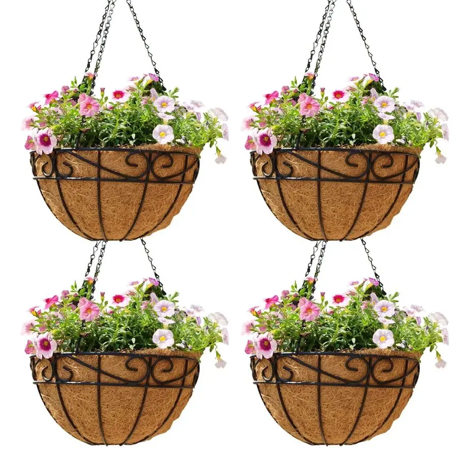 

Metal Hanging Planters Basket 4pack, 14 inch Hanging Baskets for Plants Chain Round Wire Plant Holder with Coco Fiber Liners for