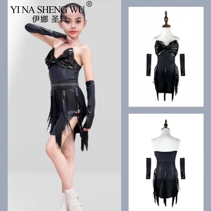 Traje de baile latino con tirantes y flecos, mono de baile latino con lazo negro en el pecho, ropa de práctica de baile de Samba para niñas con flores