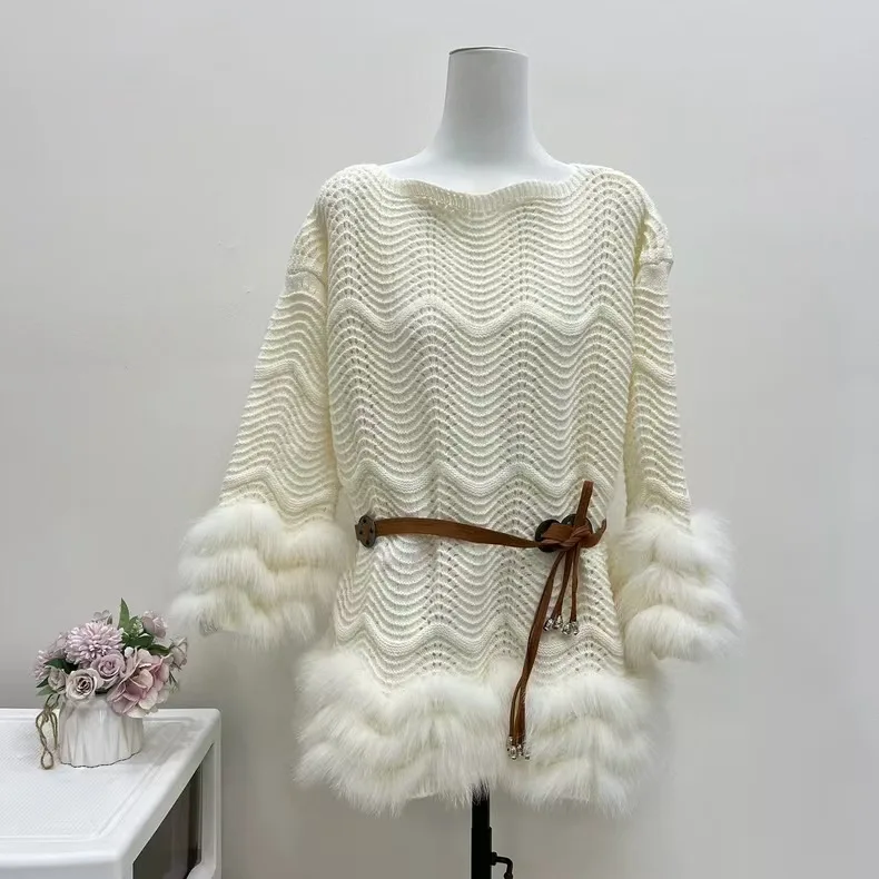 

Женский вязаный свитер-пальто с отделкой из меха лисы, ажурный, с поясом, элегантный, с длинными рукавами, весна-осень 2026