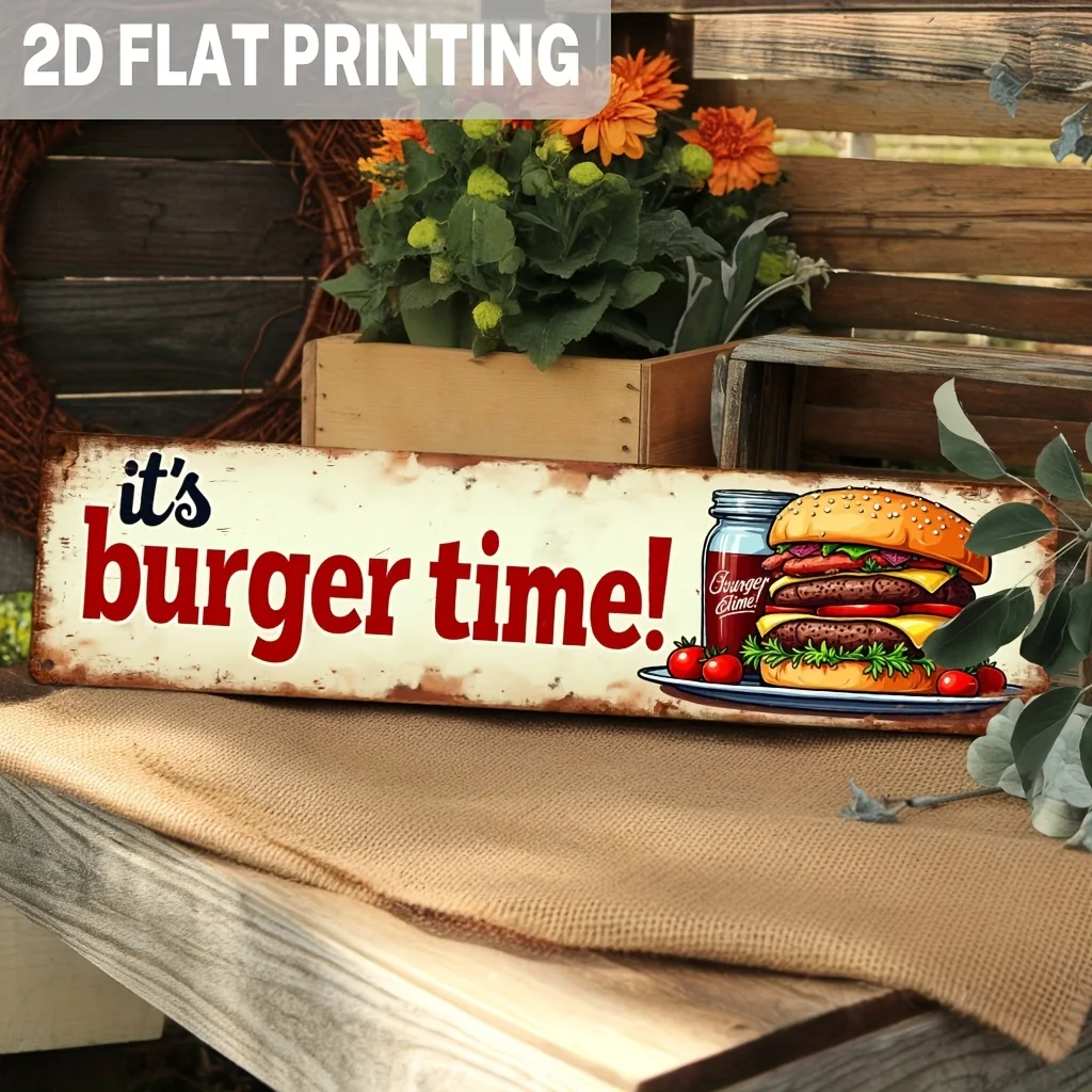 Letrero Metálico Vintage 'It's Burger Time', Placa Decorativa de Pared con Diseño Retro de Hamburguesa, Impresión Plana 2D, Póster Rústico de Comida Rápida para Bar