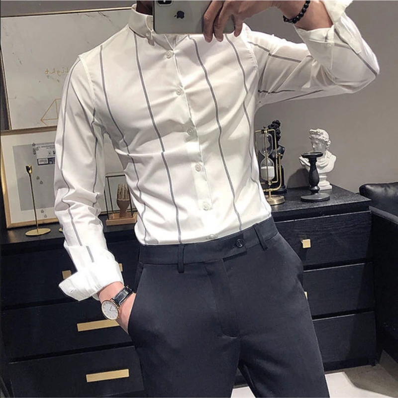 Men\'s Shirt Korean Fashion Stripe Basic Style Non-ironing Slim Fitting Suit POLO Collar Single Breasted Fashion Casual Commute