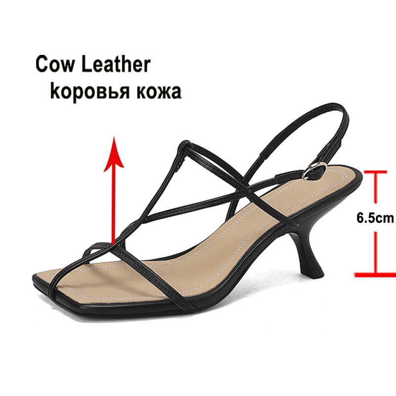 Meotina Women Genuine Leather Sandals Square Toe Thick High Heels Buckle T-Tied Narrow Band Ladies Fashion Shoes Summer Beige 40