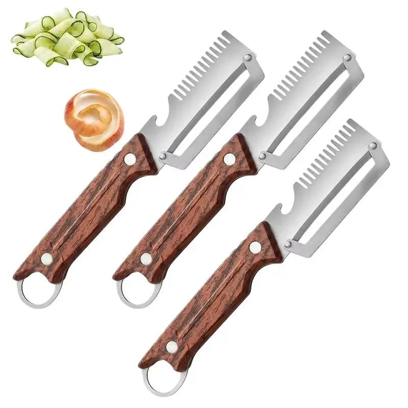 Professional multifunctional stainless steel potato peeler with wooden handle, ergonomic design, bottle opener, fruit and