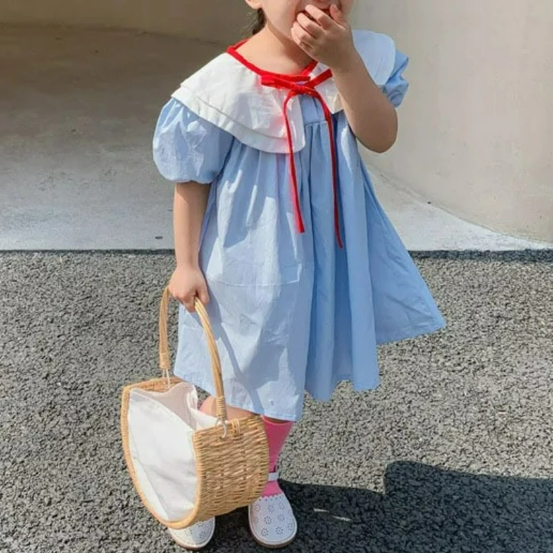 2026 Summer New Girls Cute Princess Dress Tie Double Collar Campus Casual Style Children Dresses