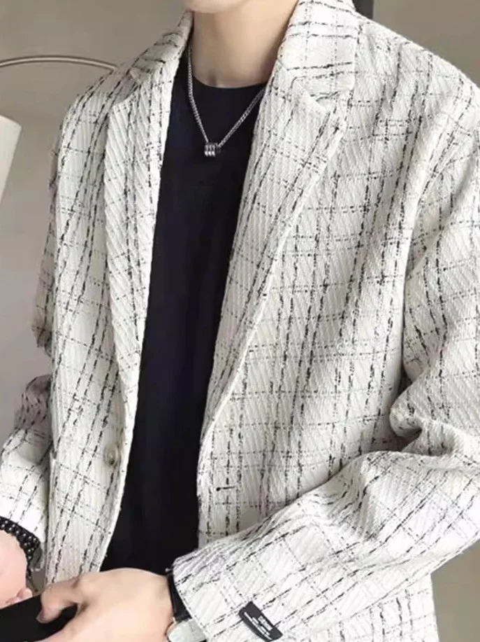 

Young Men's Plaid Woolen Jaet Loose Fit Casual Sle Single-breasted Long Sve Faionable Autumn Season Traditional Suit