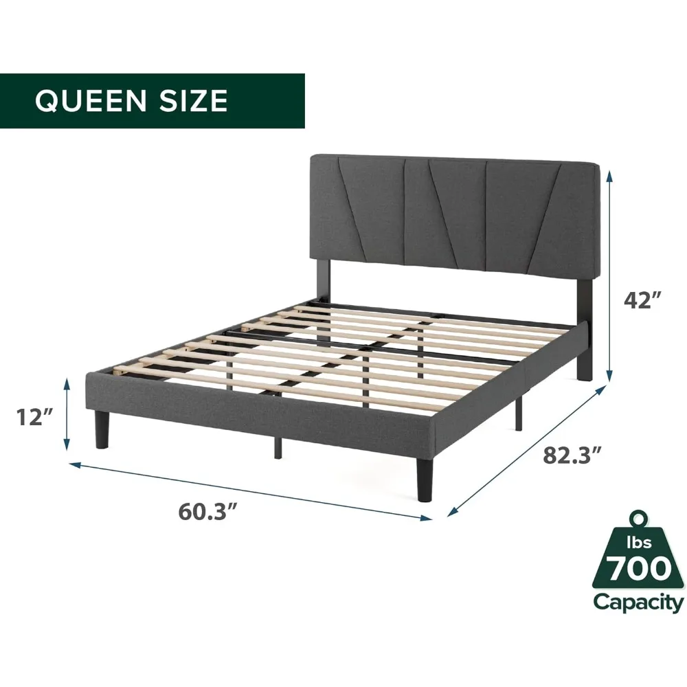 Queen Maya Upholstered Bed Frame with Asymmetric Headboard, Durable Wooden Slats, Sturdy Framework, Noise Free Sleep, No B