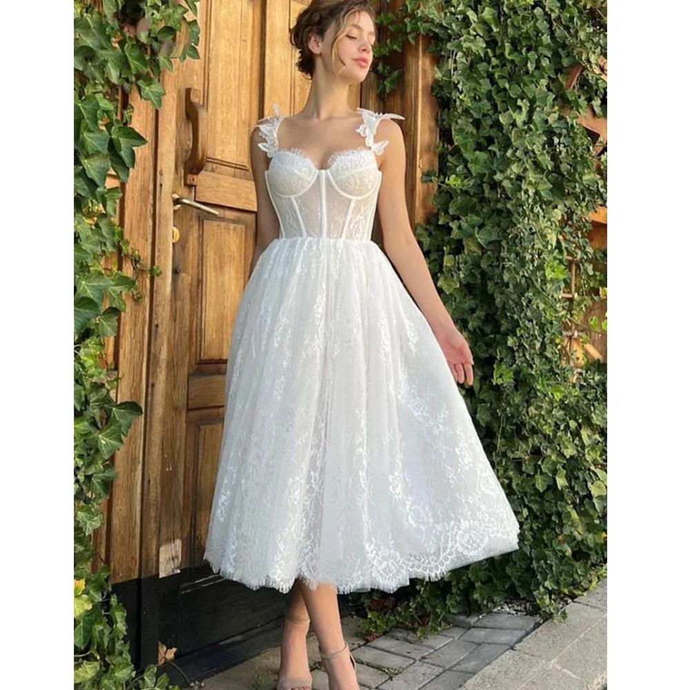 RODDRSYA Boho Elegant Wedding Dress For Women 2023 Sweetheart Appliques Lace 3D Flower Back Lace Up Robe De Mariée Tea Length