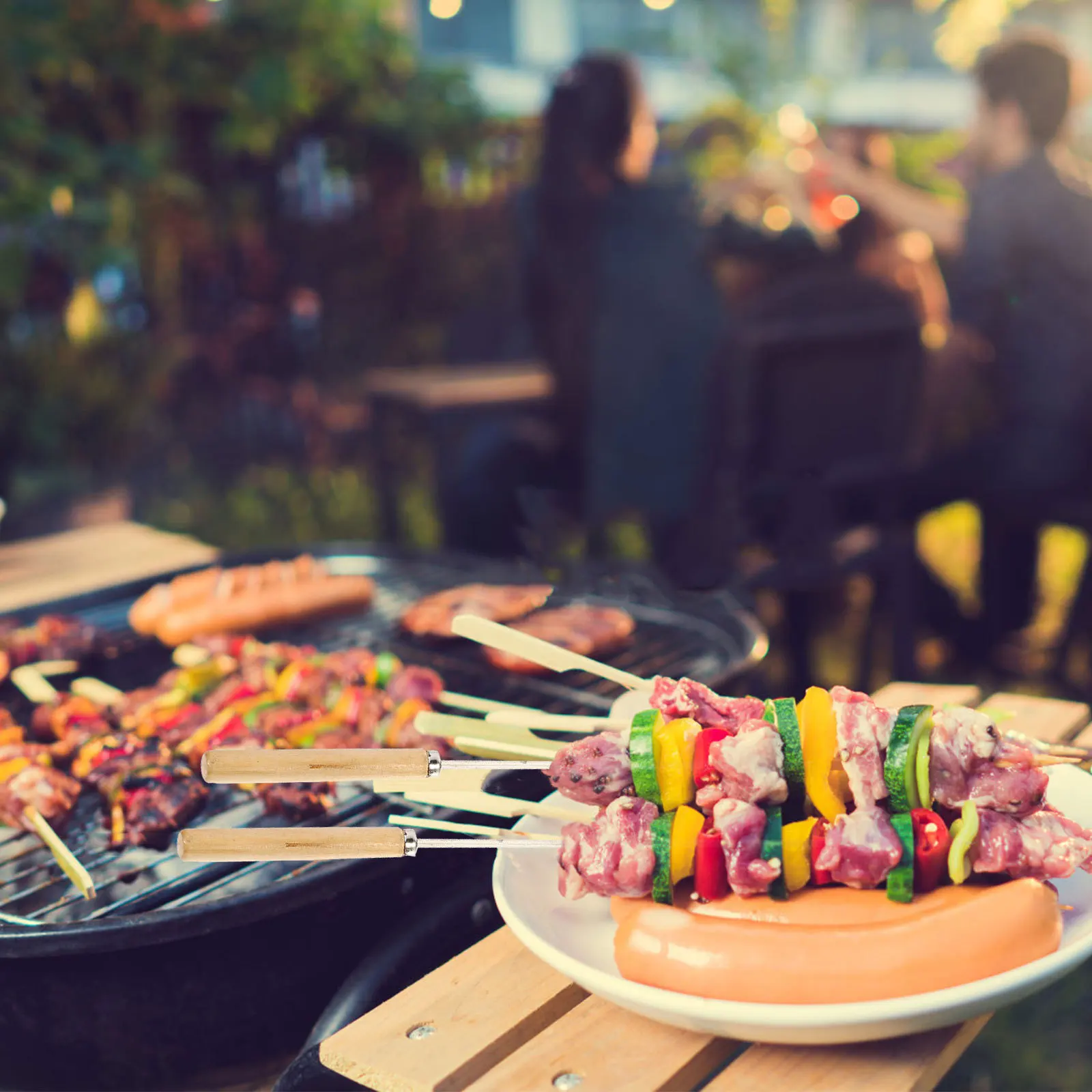 

10Pcs Stainless Steel Bbq Barbecue Skewers Flat Style Wood Handle Portable for Grilling Meat Vegetables Bbq Skewer