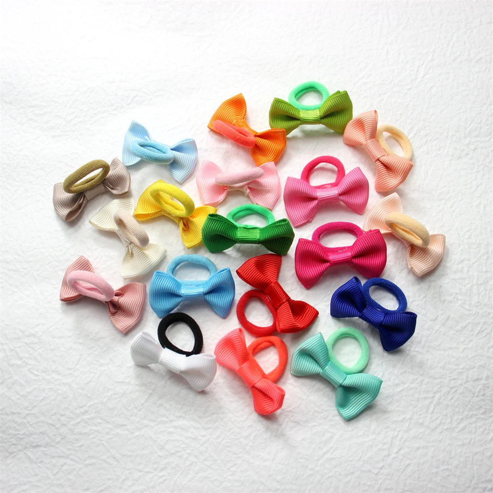 10pcs Baby Girls Ribbon Bow hair rope Thumb Rubber Band Ponytail Hairband Rainbow Colors Small Bowknot Newborn Hair Circle