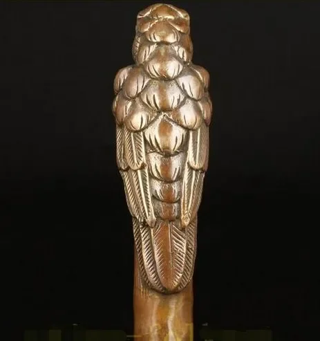 bronze Pure Copper Brass Grandpa Good Lucky BRONZE PARROT CANE WALKING STICK HEAD DECORATION CARVING ASIAN COLLECT OLD