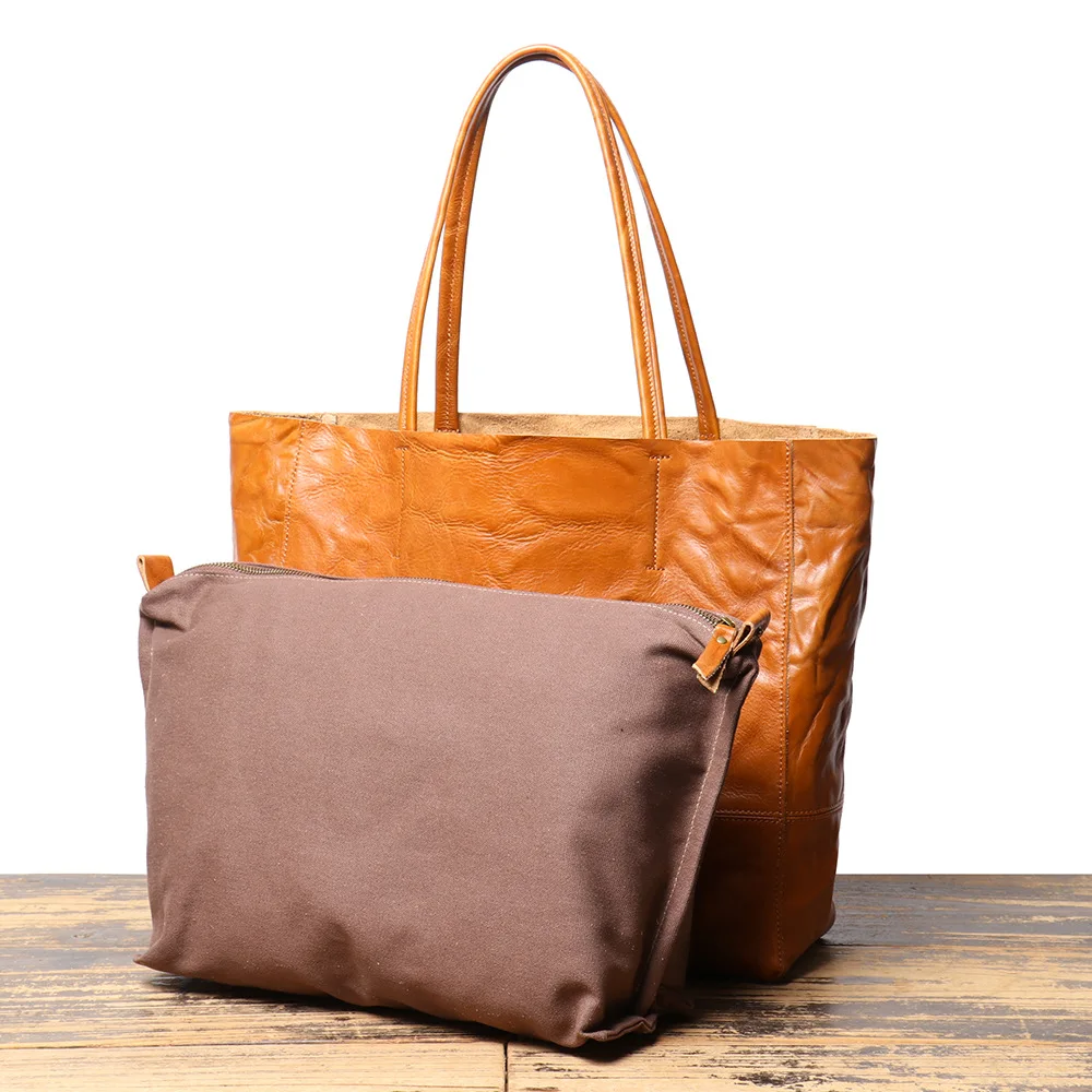 LJ-75031 Retro Women's Bag, Top Layer Cowhide, Hand-held Vegetable Tanned Leather, Genuine Leather Tote Shoulder Bag