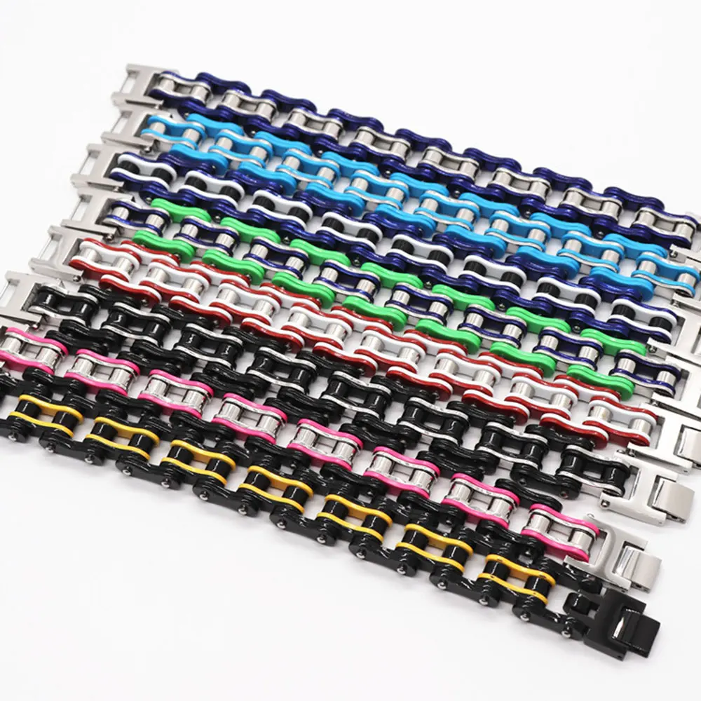 Mens Bracelets-16mm Biker/Bicycle/Motorcycle Chain Link Bracelets For Men Punk Stainless Steel Jewelry Multicolor Customizable