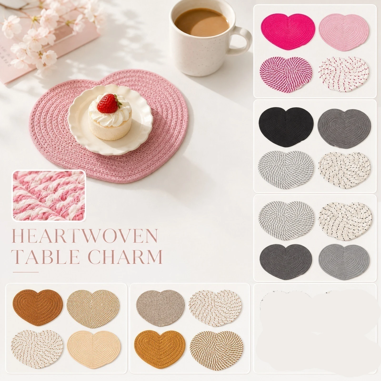 Heart Shaped Braided Table Mats Set of 4 Large Cotton Rope Weave Placemats Heat Insulation Kitchen Dining Decor