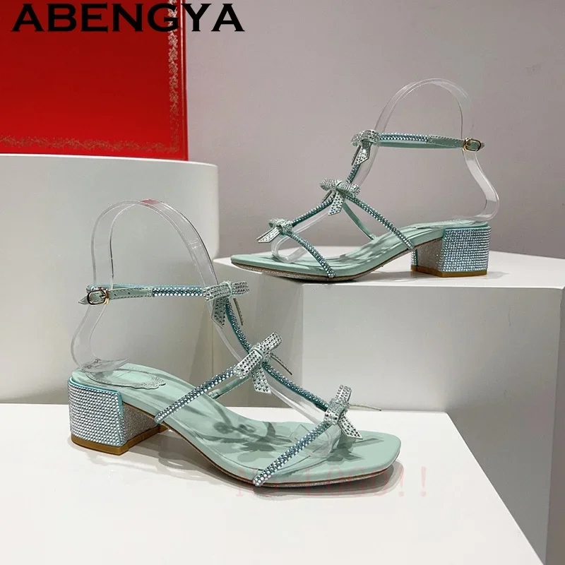 

2025 Summer Ankle Buckle Rhinestones Square Heel Sandals Women Crystal Formal Party Shoes Bohemia Casual Beach Sandals Women