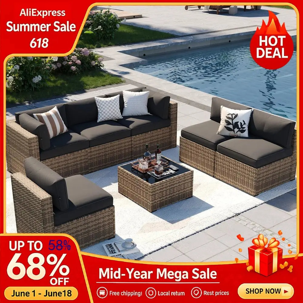 

Patio Furniture Sets, 7Piece Outdoor Furniture with Thick Cushions, Wicker Conversation Set Sectional Sofa for Backyard, Custom