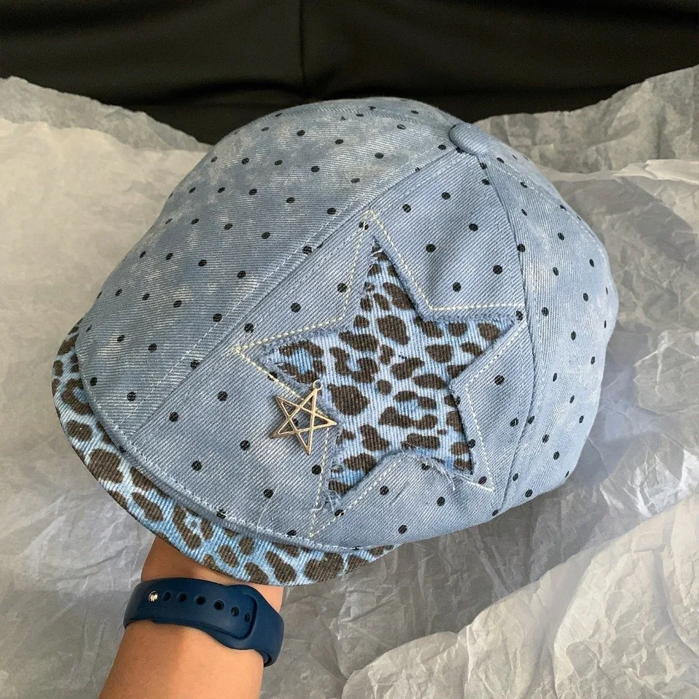 Unisex-Beret mit Stern- und Leopardenmuster, verstellbare Retro-Newsboy-Mütze, Y2K-Baseballkappe mit Polka-Dot-Muster, weiche Baseballmütze für die Arbeit – Detail 8