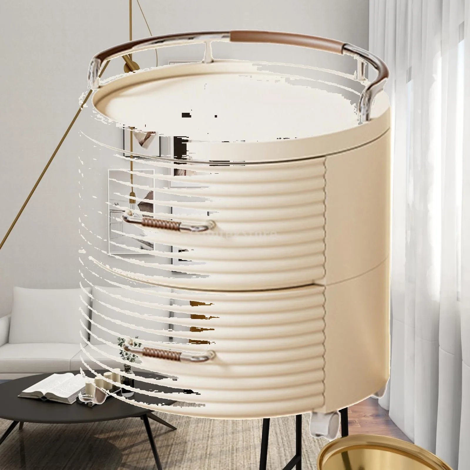 Round Bedside Table Storage Bin Double Layer Movable Minimalist Storage