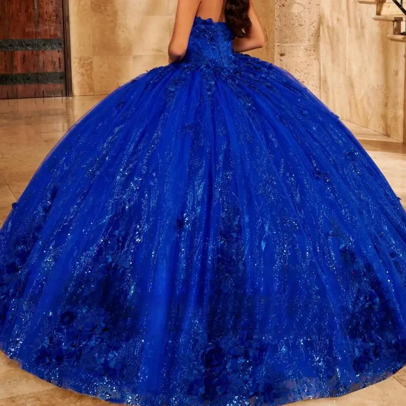 Customized Royal Blue Quinceanera Dresses 3D Flowers Applique Beading Sparkling  sweetheart neckline vestidos para niñas