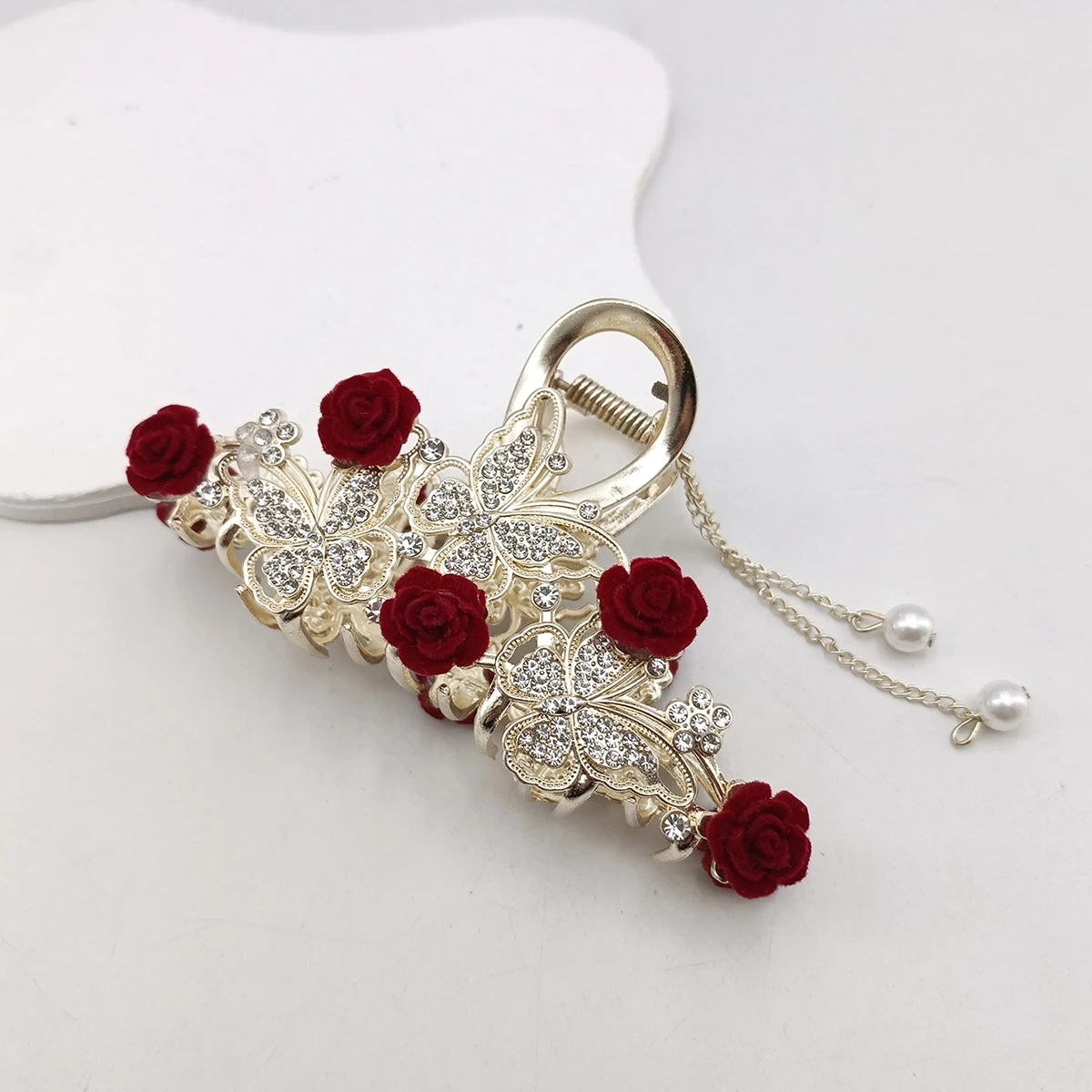 Mode Romatics Mode Antieke Rode Rozen Bloemen Haarklauwen Voor Vrouwen DiamondMetal Haaraccessoires