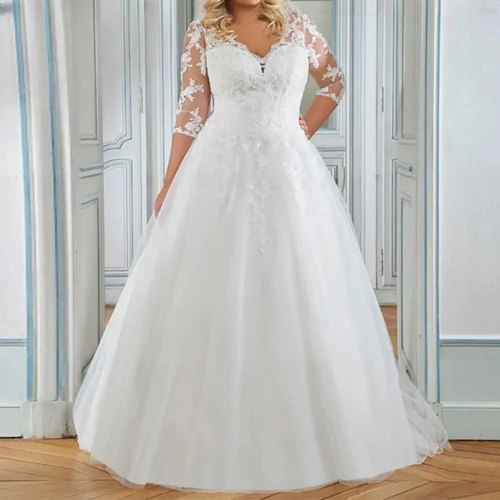 

Exquisite Wedding Dresses A-Line Sweetheart Applique 3/4 Sleeves Elegant Plus Size Bridal Gowns Court Train Customized