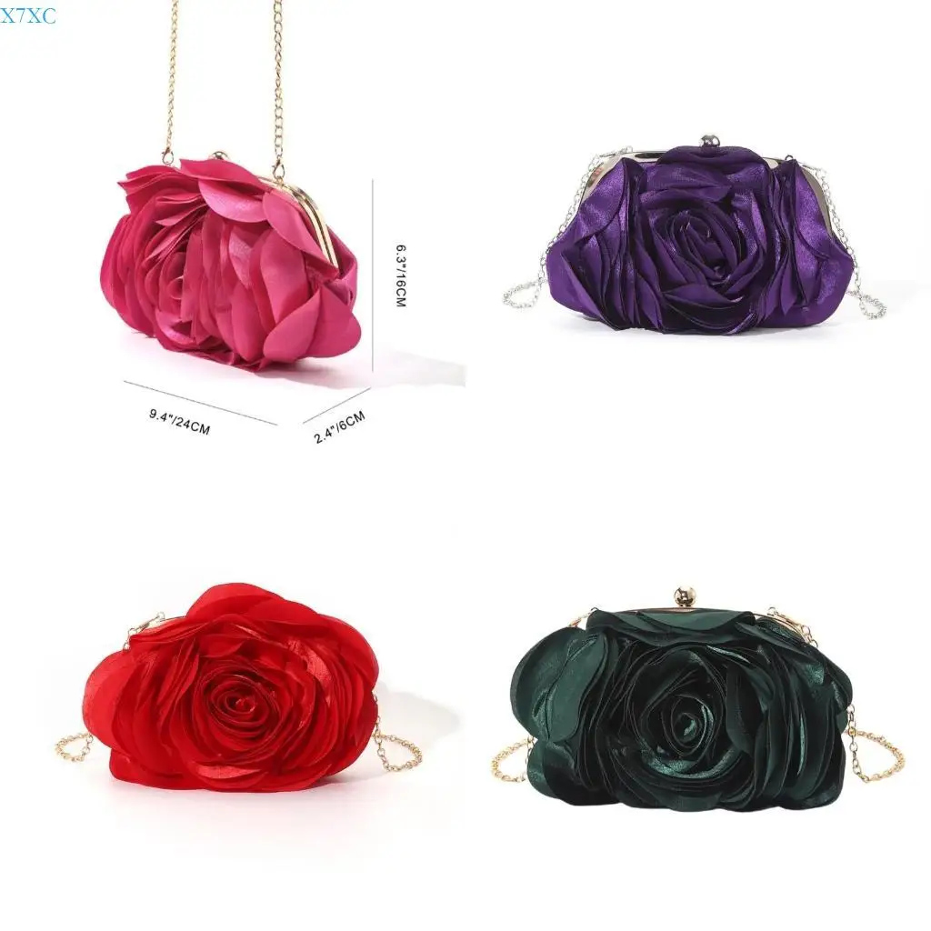 

X7XC Elegant Rose Satins Mini Handbag with Chain for Wedding Parties and Romance Date