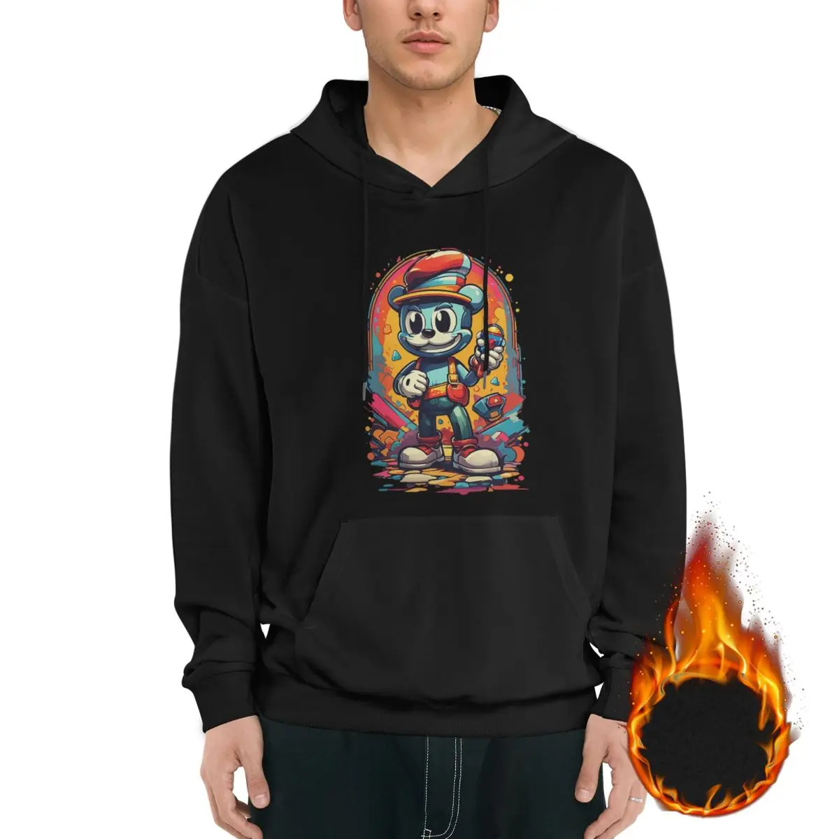 90s Art Cartoon Animation Teddy Bear Men's Fleece Hoodie Black Long -sleeved Hoodie