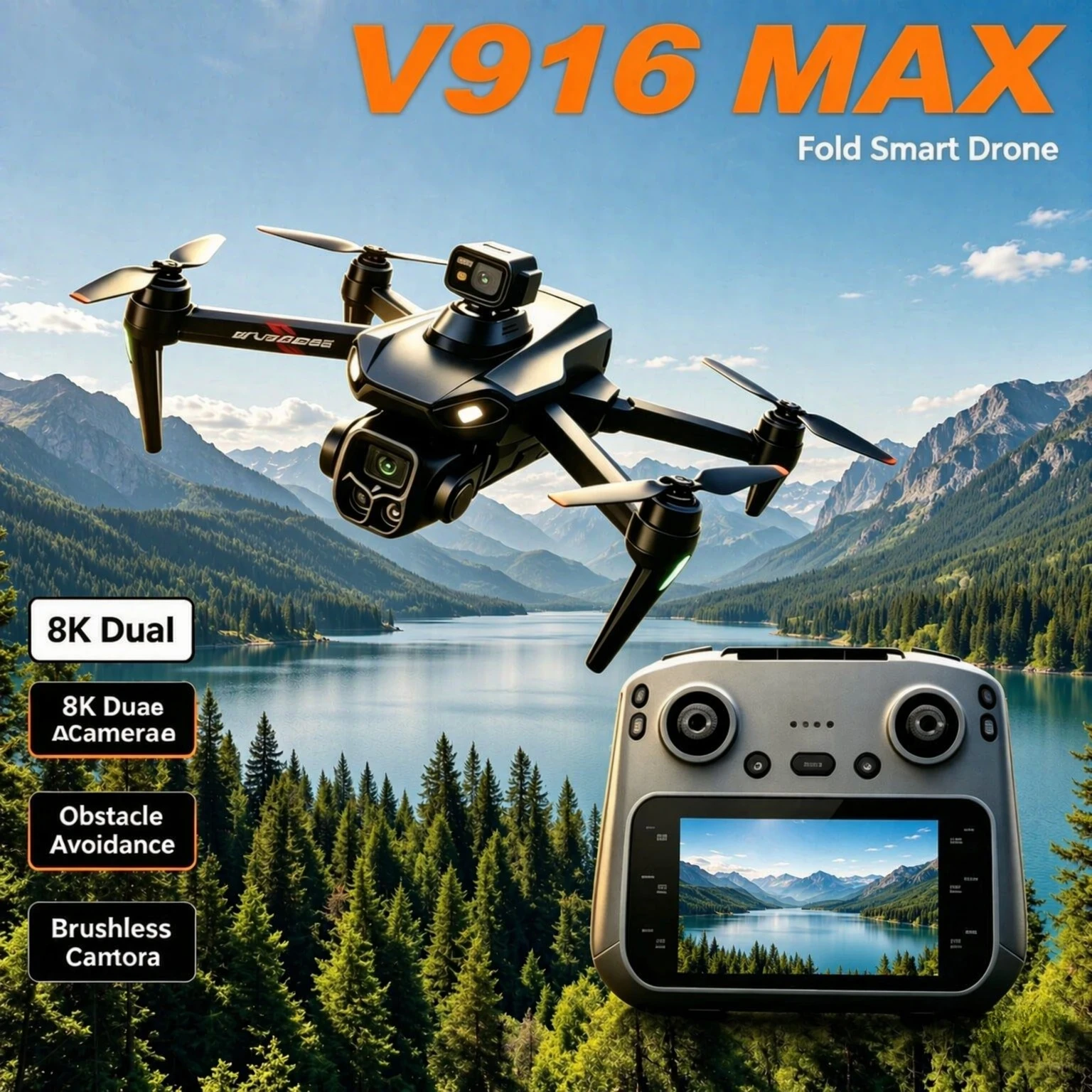 Original V916MAX GPS Foldable RC Quadcopter 8K Camera 5G WiFi FPV Screen Remote Optical Flow Auto Return Drone for Adults