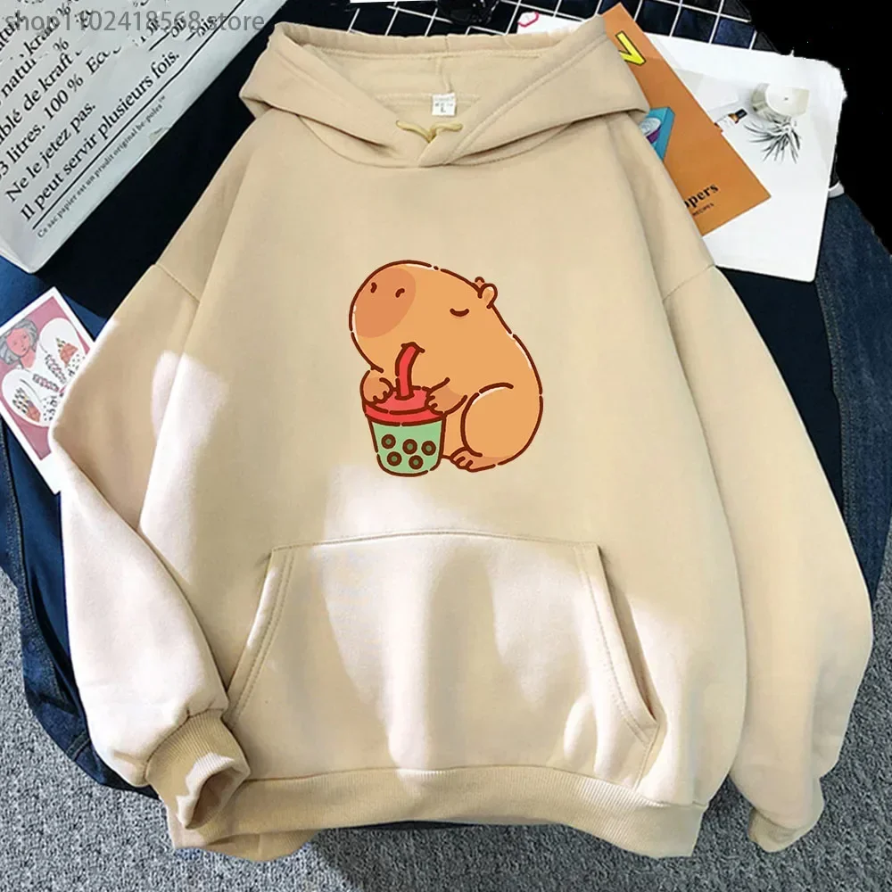 

Cute Capybara Drinking Bubble Tea Hoodies Women Cartoon Animal Print Sweatshirt Autumn Winter Long Sleeve Casual Y2k Clothes Men