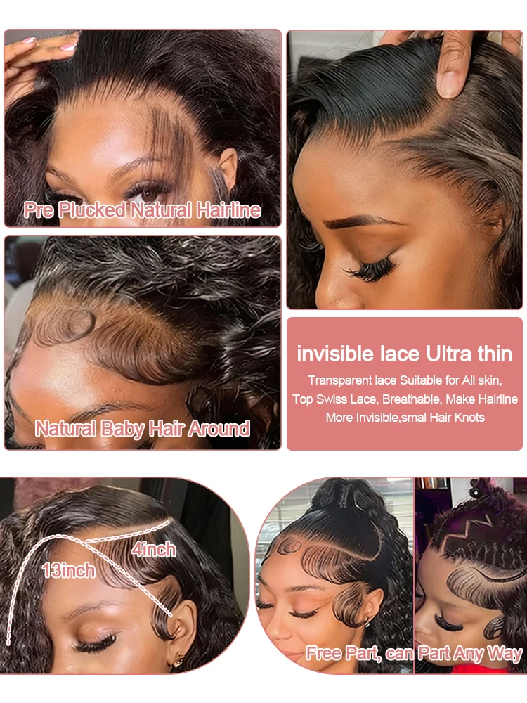 300% موجة عميقة شفافة 13x6 Hd الدانتيل الجبهة خصلات الشعر المستعار الإنسان 40 46 بوصة مجعد موجة المياه 7x5 غلويليس الباروكات الشعر البشري للنساء