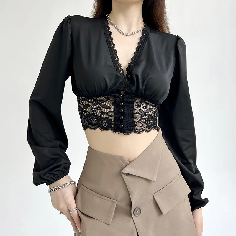 2022 Summer New Long Sleeve Lady Shirt Black Satin Sexy Lace Blouse for Elegant Women Tops