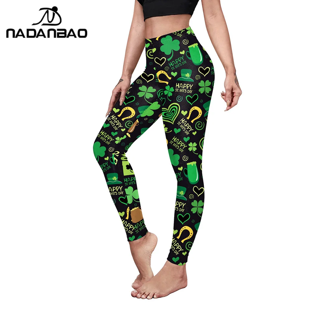 Nadanbao Damen-Leggings mit Streifen-Kleeblatt-Aufdruck, St. Patrick's Day, grüne Partyhose, dünne Hose mit mittlerer Taille, Fitness-Sportstrumpfhose