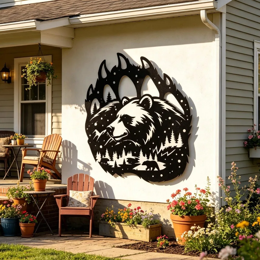 Bear Paw With Forest Scene Metal Wall Art, Wildlife Silhouette Iron Decor, Weatherproof Wall Ornament, Great Gift