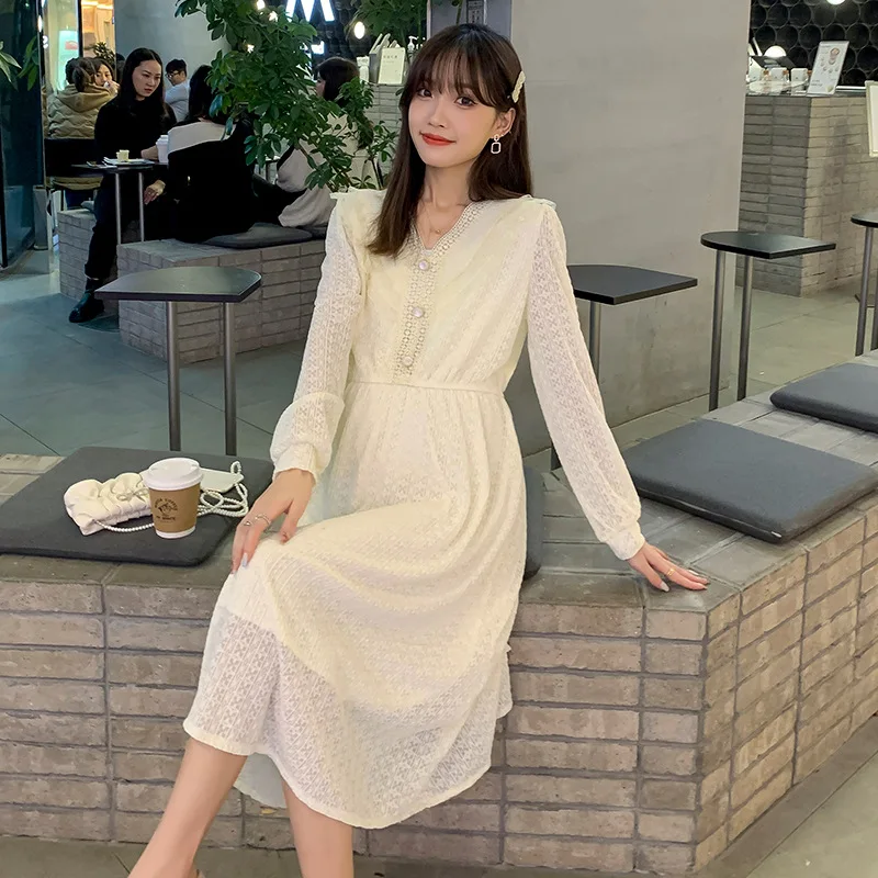 Maternity Dresses 2022 Korean Spring New V-neck Stitching Lace Long-sleeved Formal Beige Elegant Clothes for Pregnant Women