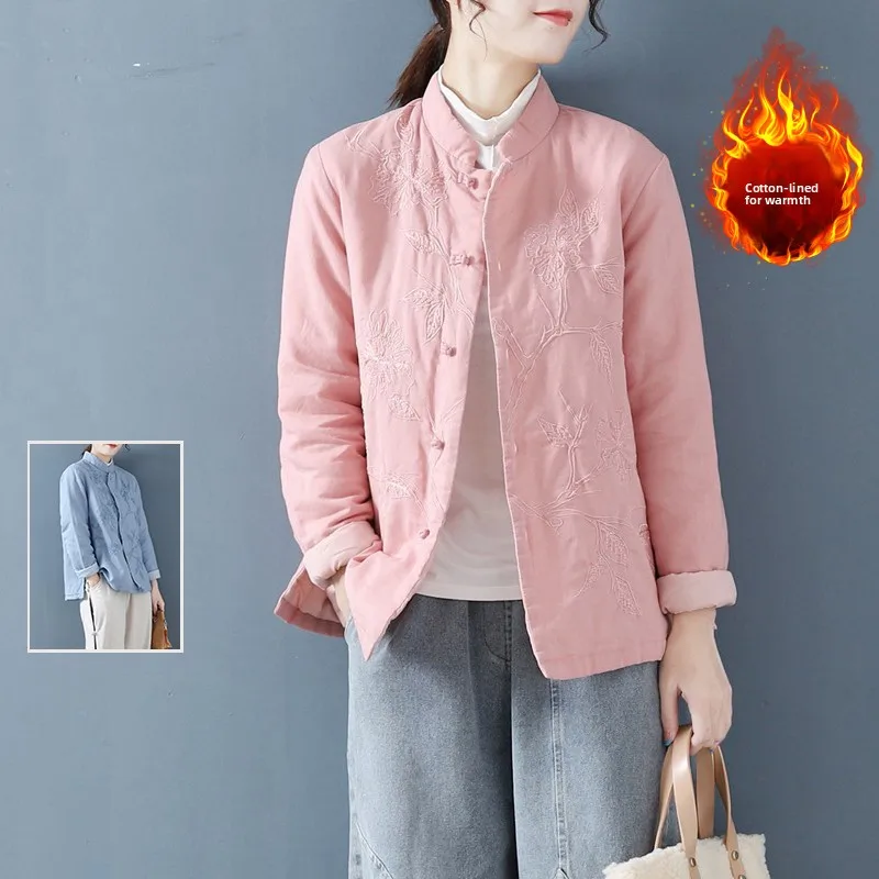 

Thiened хлопково-льняное джинсовое пальто с вышивкой и воротником-стойкой, женское осенне-зимнее новое облегающее длинное пальто в стиле ретро