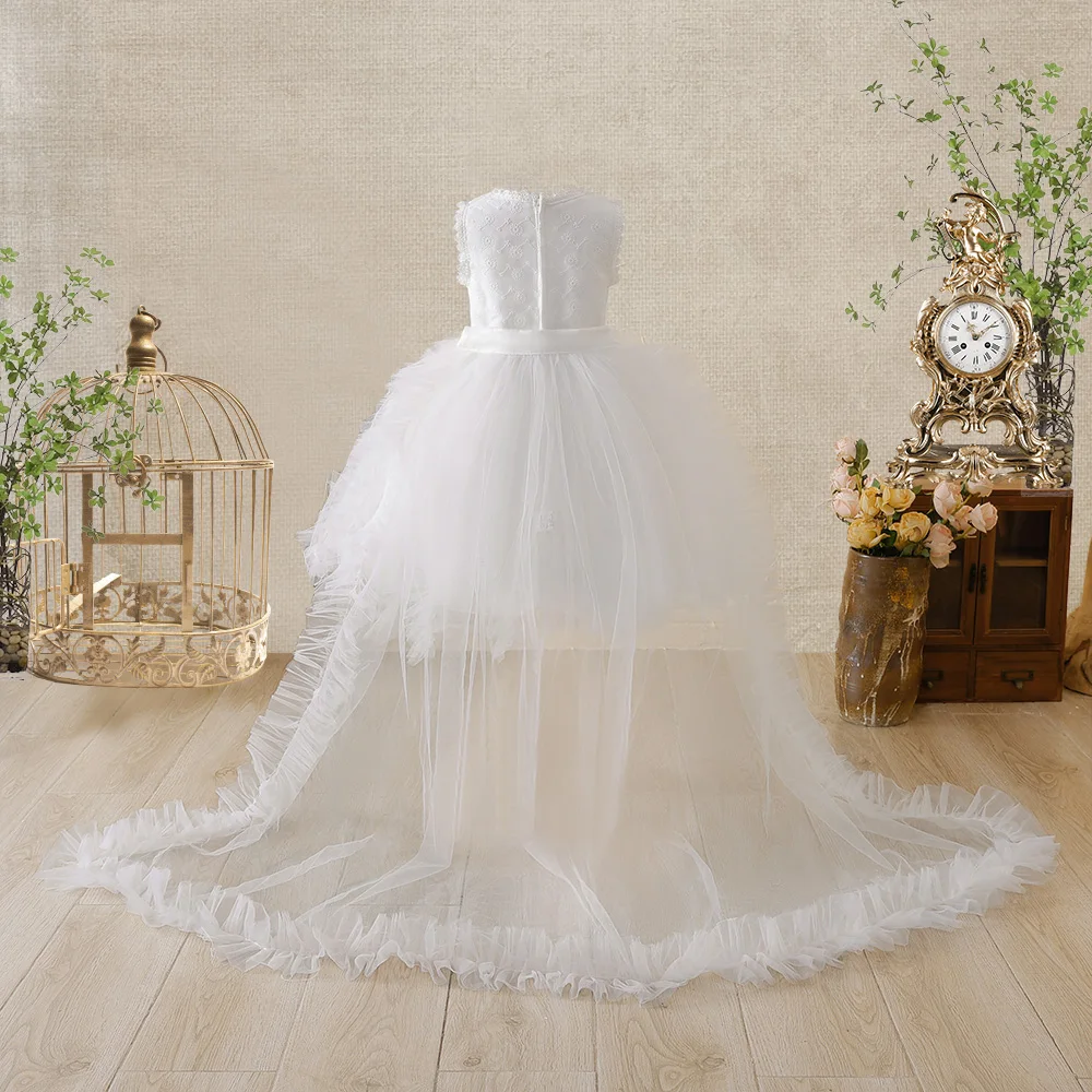 Elegant Girls Fluffy Tulle Flower Dress Wedding White Trailing Ceremony Costume Birthday First Communion Gown Kids Gala Clothing