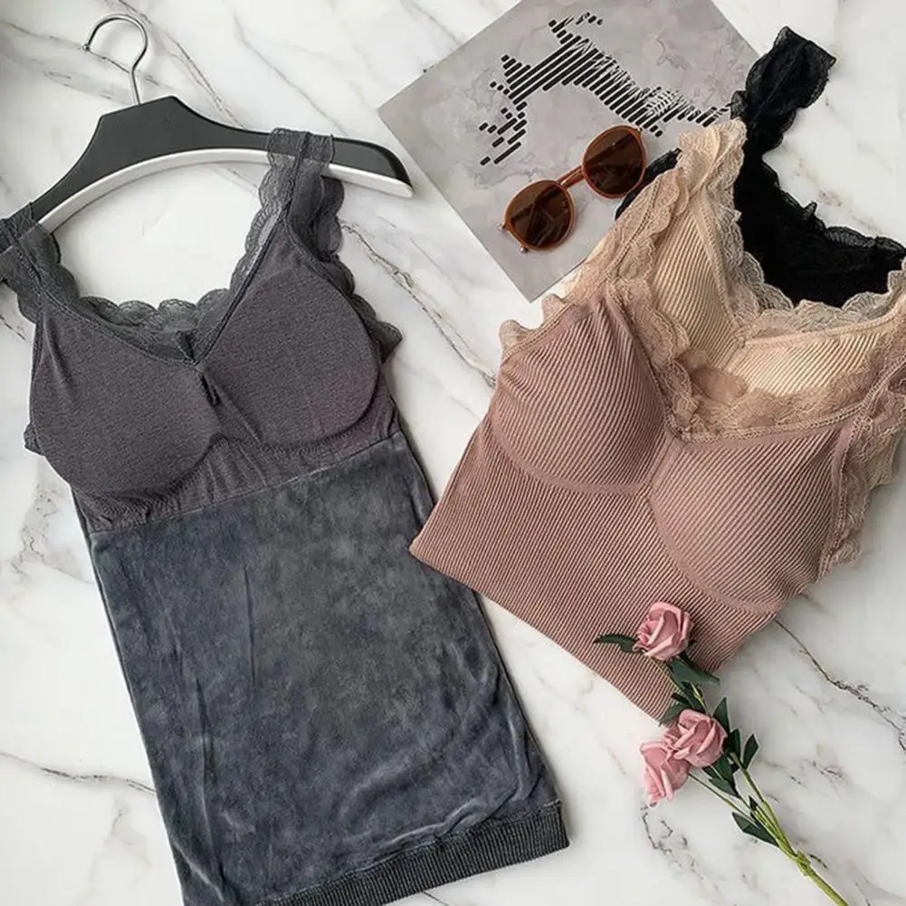 

2025 Fleece Thermal Women Vest V-Neck Sleeveless Padded Underwear Vest Lace Trim Elastic Bottom Vests Autumn Winter Vests