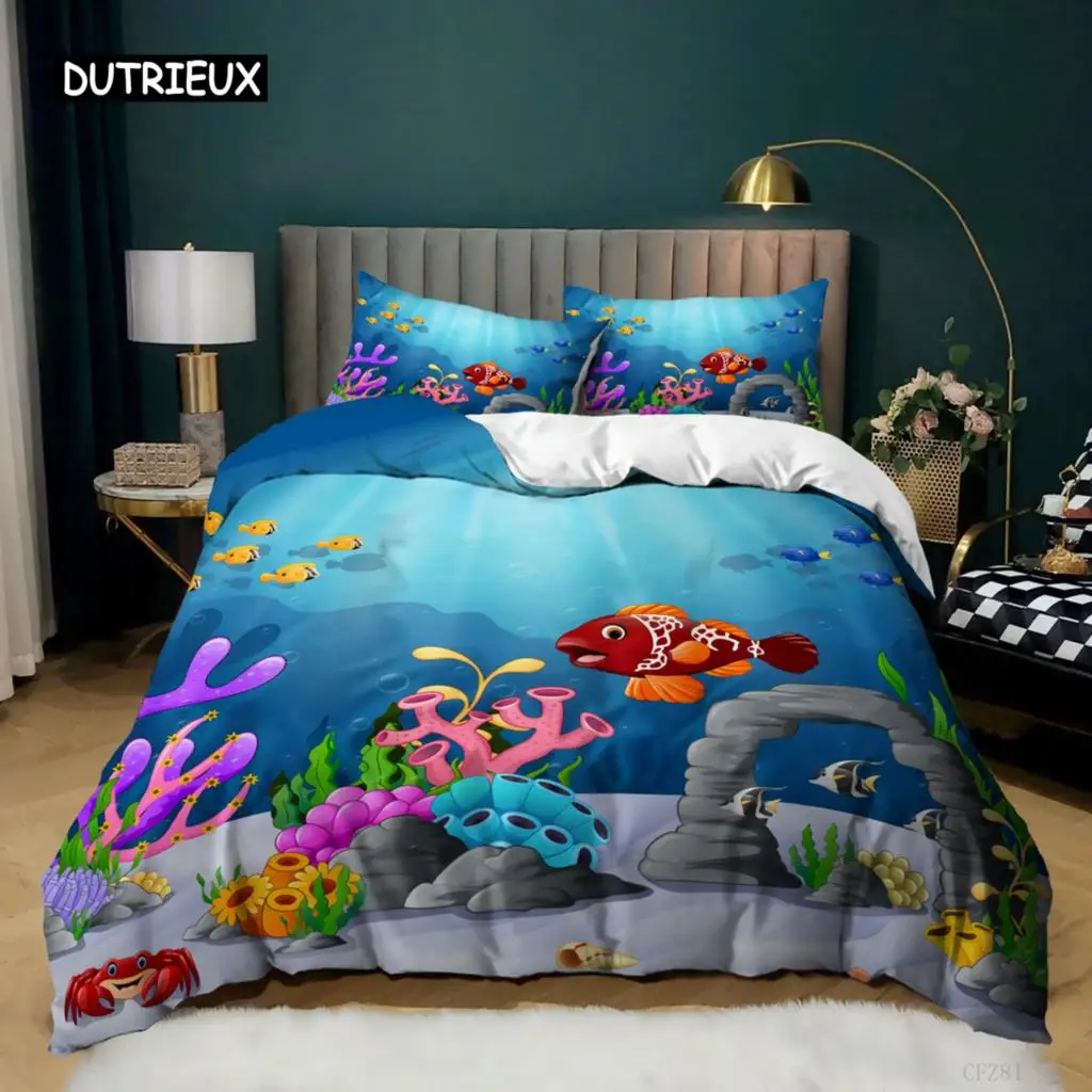 Ocean Duvet Cover Set King Twin Size Marine Themed Bedding Set Microfiber Coral Fish Crab Underwater Animal Pattern Quilt Cover