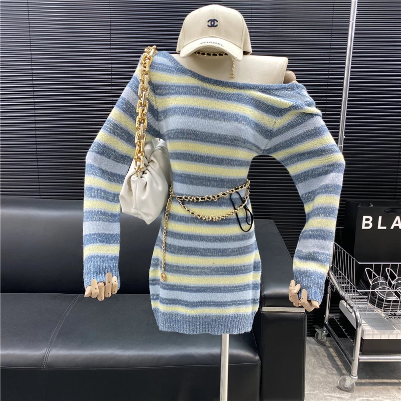 

New 2022 fashion Designer new style Famous brand Large neckline open back sexy slim long sleeve horizontal stripe knitted dress