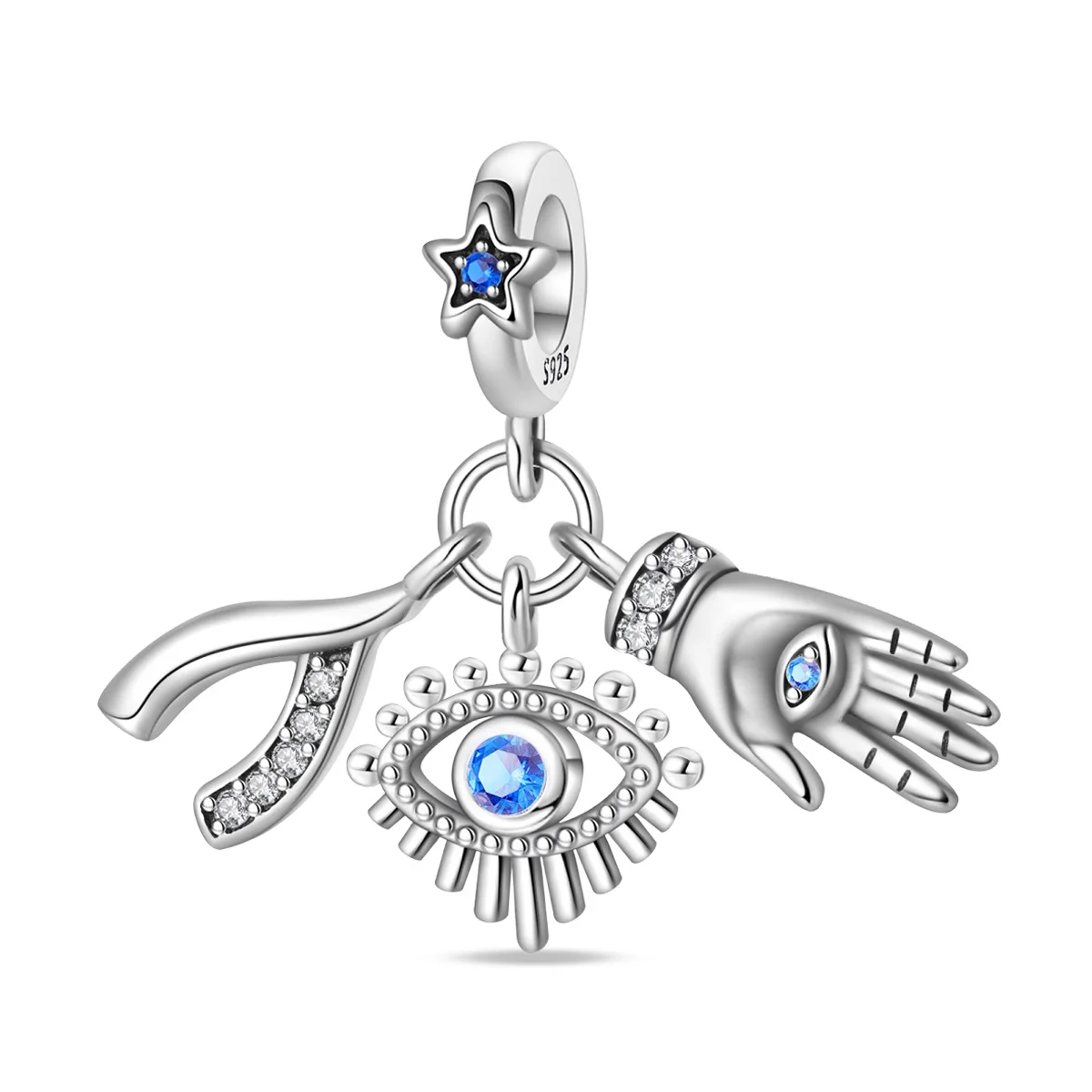 

Shiny 100% 925 Sterling Silver Lucky Horseshoe, Palm & Eye Three-piece Dangle Charm Fits Brand Bracelet & Necklace